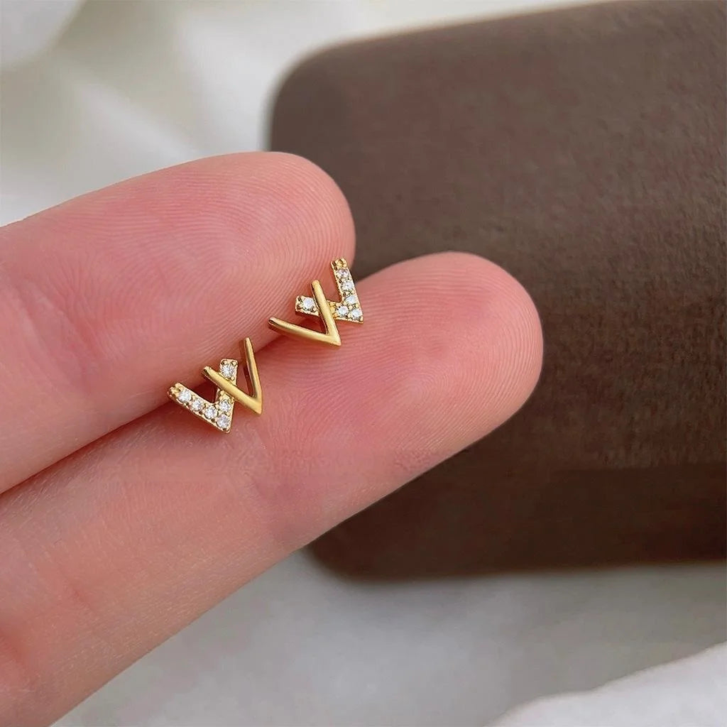 Mini 14K Plated Copper Letter W Stud Earrings With Micro Pave Zircon Minimalist Jewelry