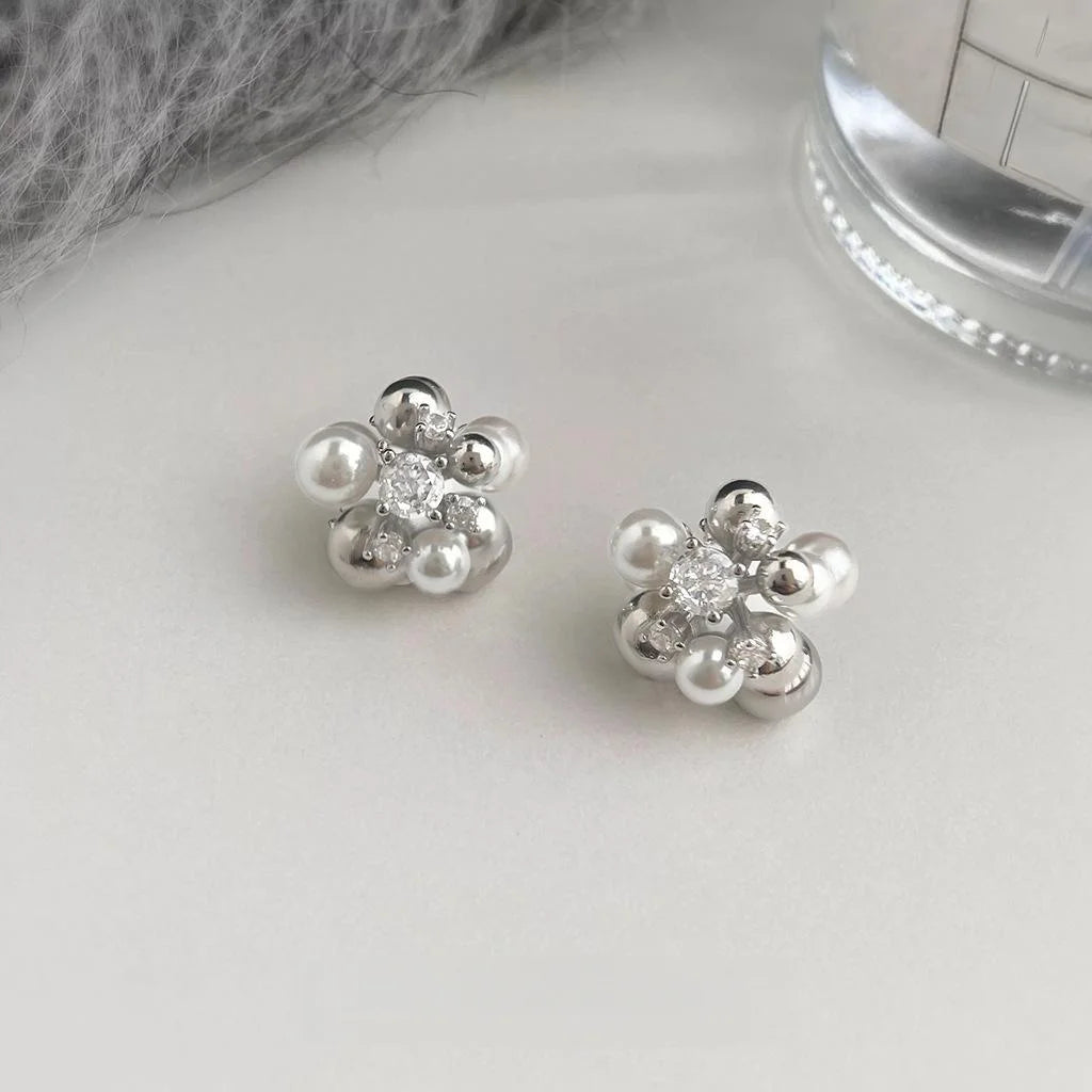 Minimalist Flower Ball Micro Pave Zircon Copper Stud Earrings