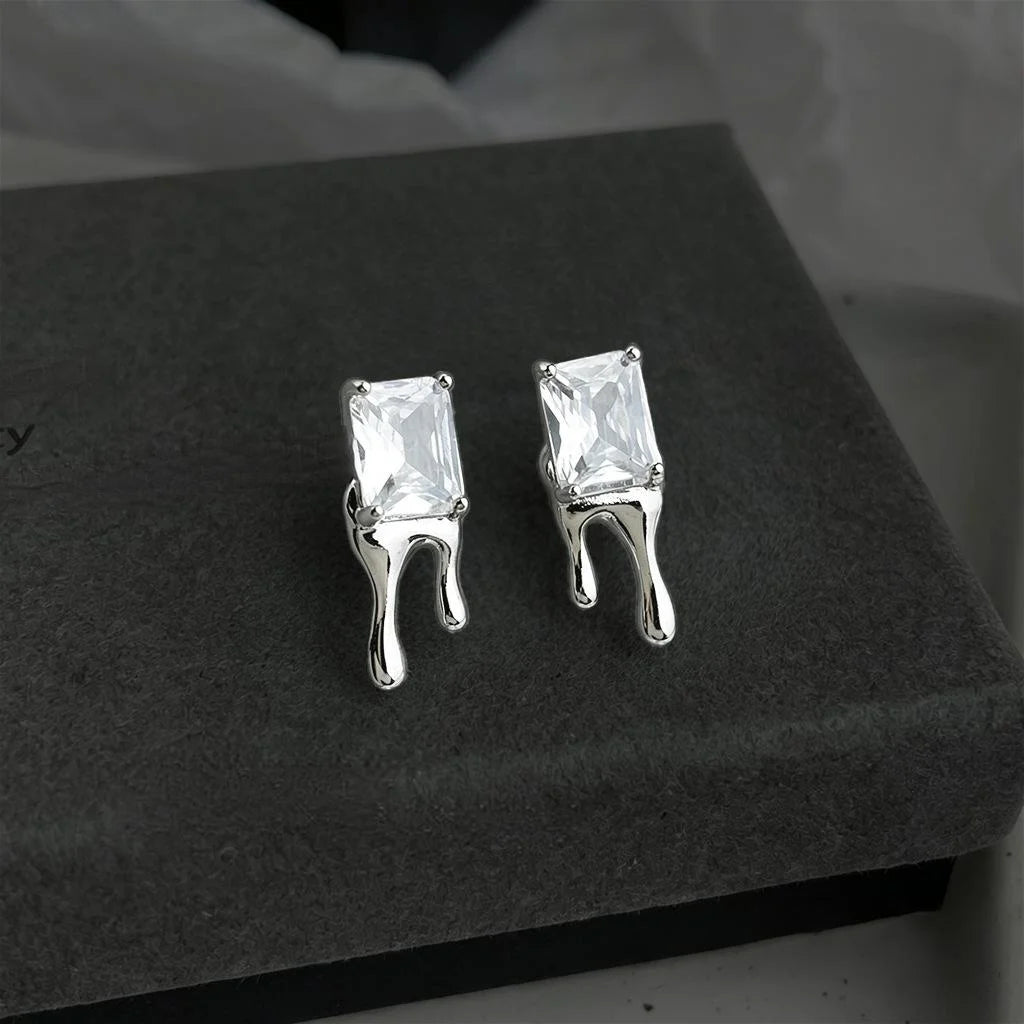 Geometric Sugar Cube Zircon Copper Stud Earrings Liquid Lava Waterdrop Sweet Cool Minimalist Jewelry