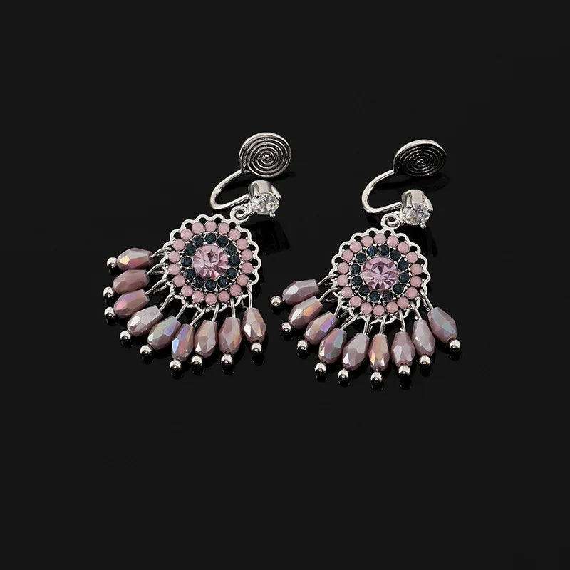 Elegant Vintage Purple Crystal Beaded Dreamcatcher Tassel Alloy Stud & Clip On No Piercing Earrings
