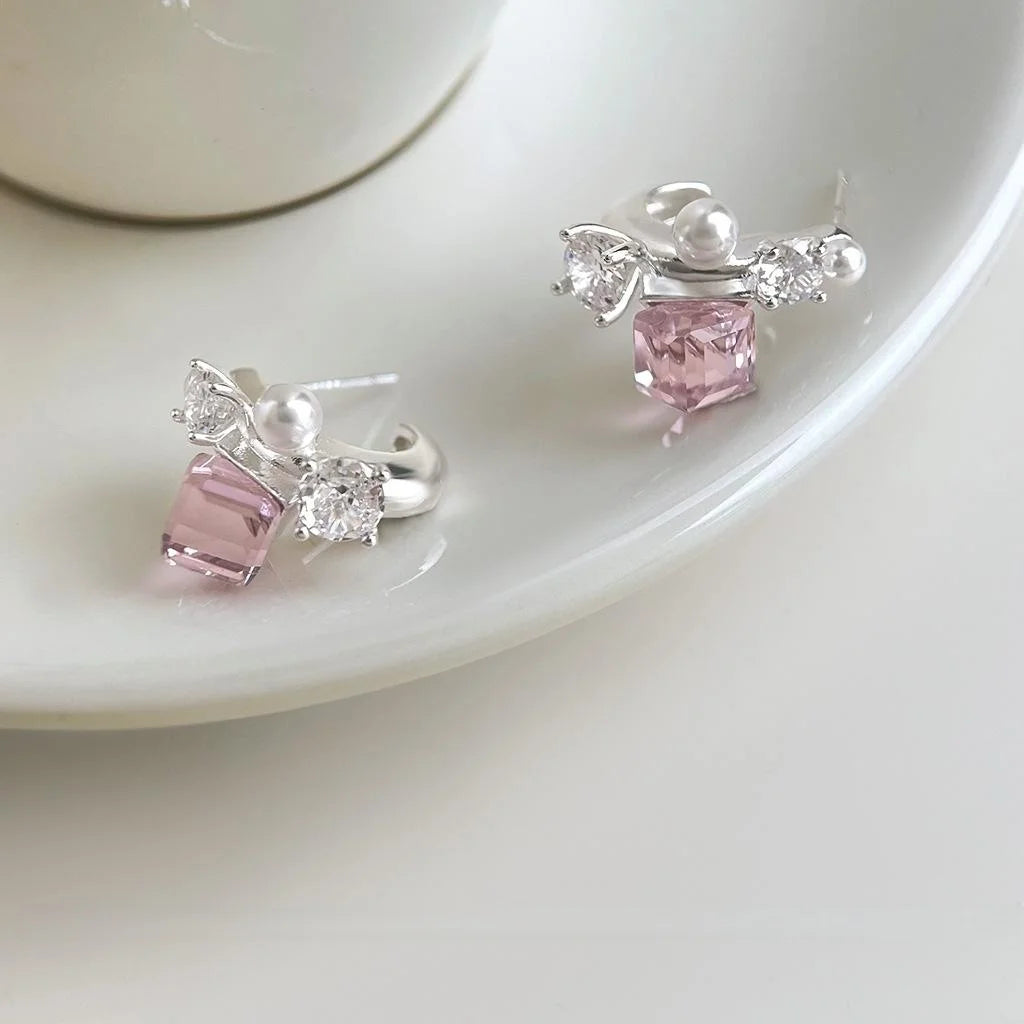 Pink Glass Crystal Sugar Cube Geometric Stud Earrings Copper Sweet Cool Style