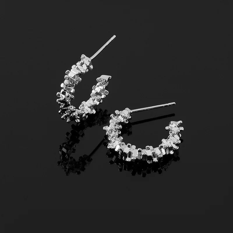 Elegant Silver Alloy Sparkle Textured Hoop Stud & Clip On No Piercing Daily Minimalist Earrings