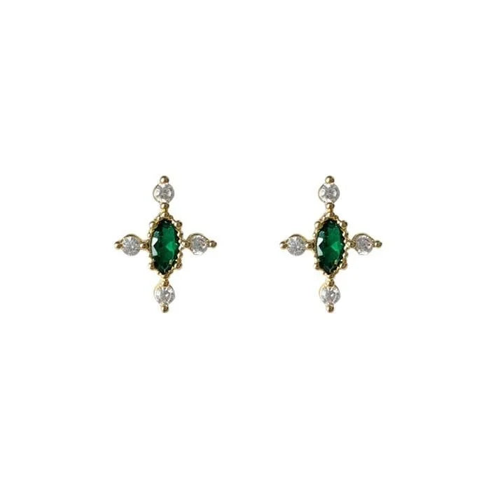 Versatile Copper Zircon Cross Star Stud Earrings Olive Green Micro Pave Geometric Jewelry