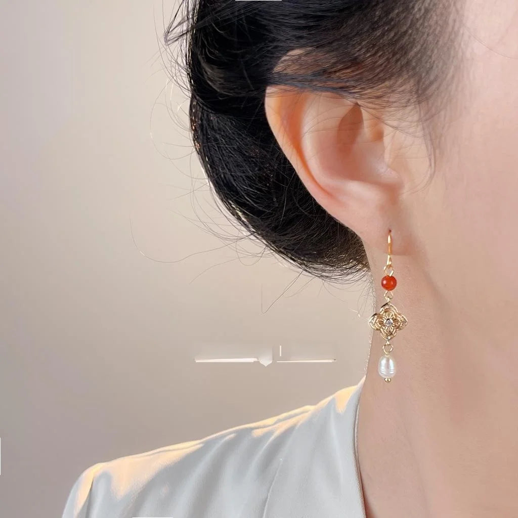 Handmade New Chinese Style Copper Zircon Red Agate Freshwater Pearl Tassel Drop Earrings
