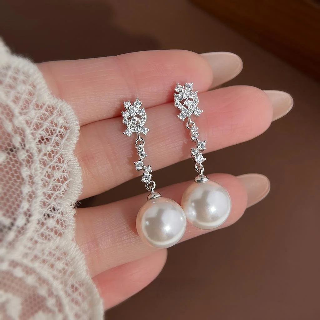 Elegant Geometric Tassel Drop Earrings With Large Glass Pearl Zircon Copper