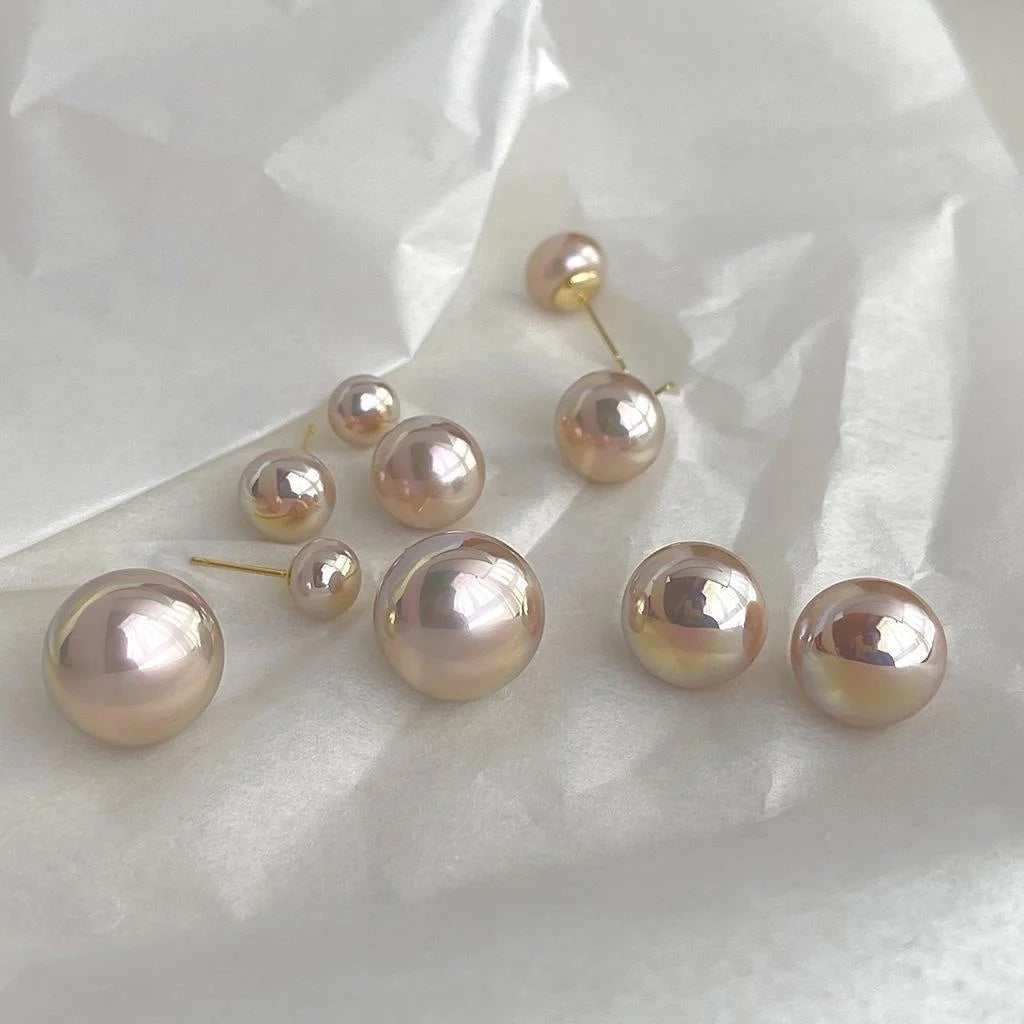 Elegant High Gloss Mabe Pearl Stud Earrings Geometric Bread Shape Pink Luster Jewelry