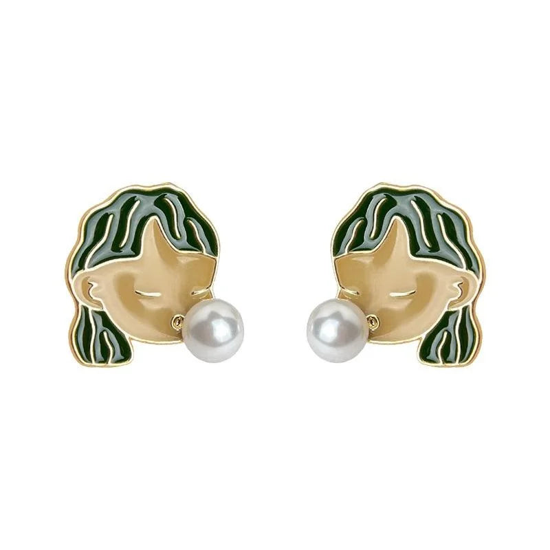 14K Plated Copper Enamel Bubble Girl Stud Earrings With Pearl Trendy Cartoon Design