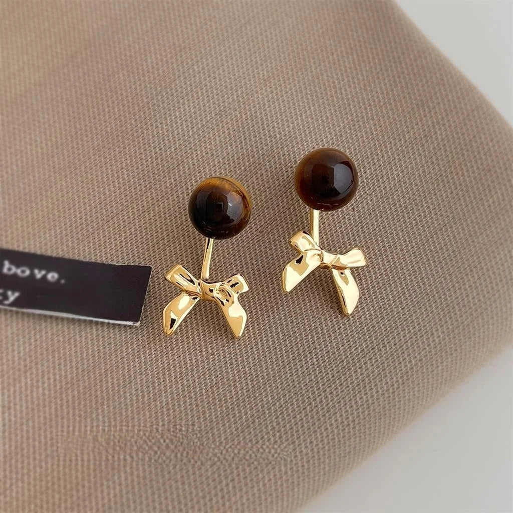 Two Way Maillard Style Natural Tiger Eye Bow Drop Earrings Copper Geometric Jewelry