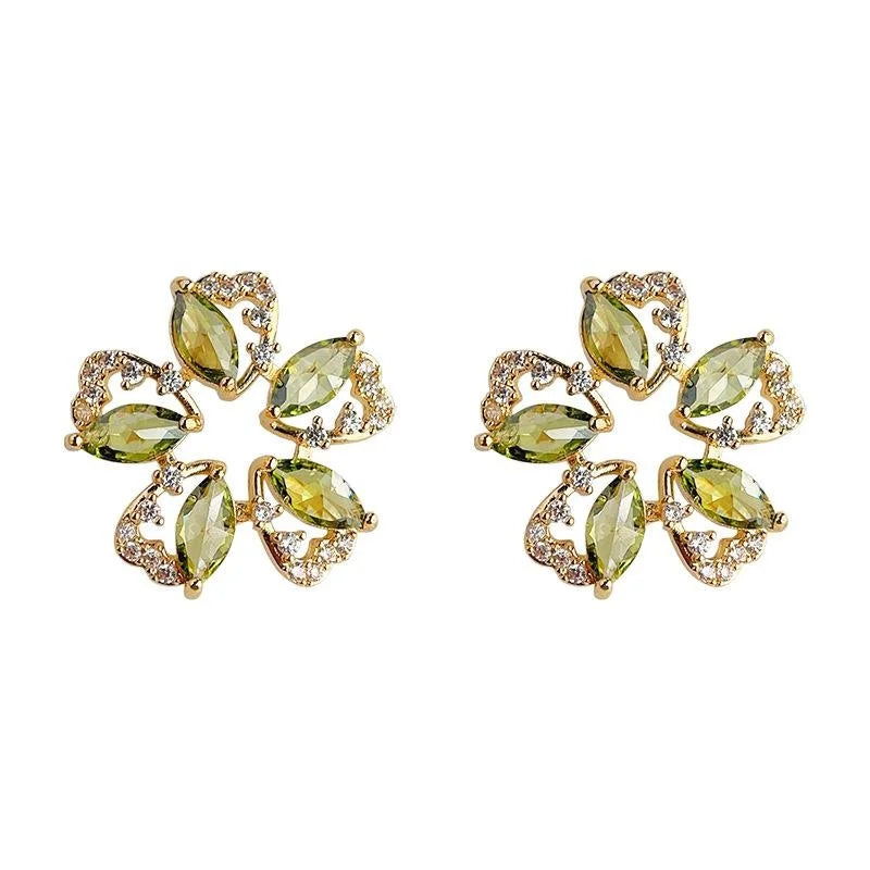 14K Plated Copper Olive Green Zircon Flower Stud Earrings For Women Fashion Jewelry