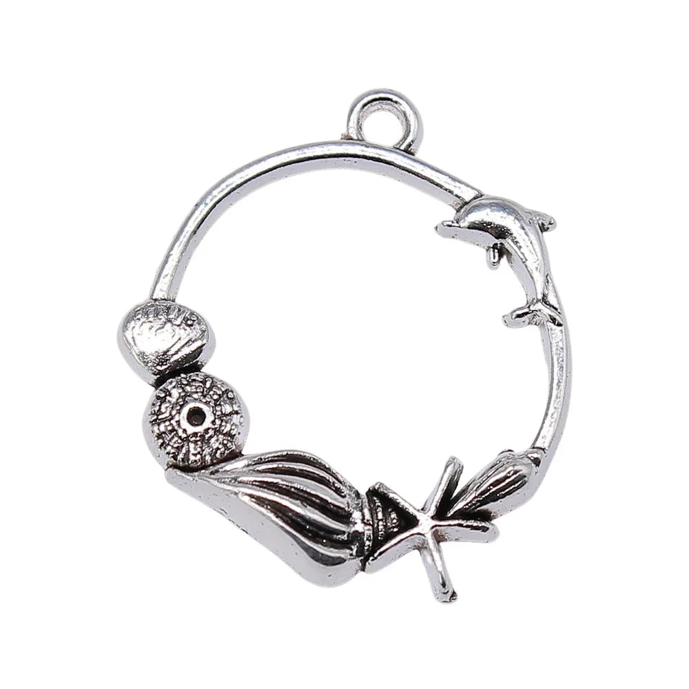 29x25mm 1.98g Antique Silver Zinc Alloy Conch Starfish Shell Round Ring Charm Pendant for DIY Jewelry