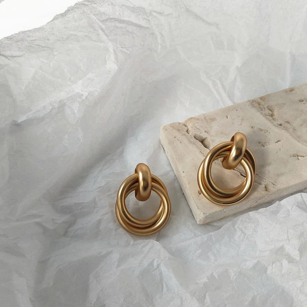Matte Metal Geometric Rope Knot Drop Earrings, Korean Minimalist Round Jewelry