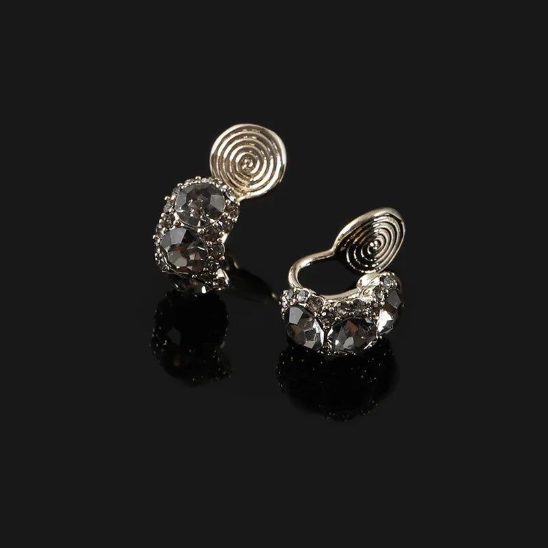 Vintage C Shape Dark Gray Rhinestone Alloy Stud & Clip On No Piercing Luxury Women Earrings
