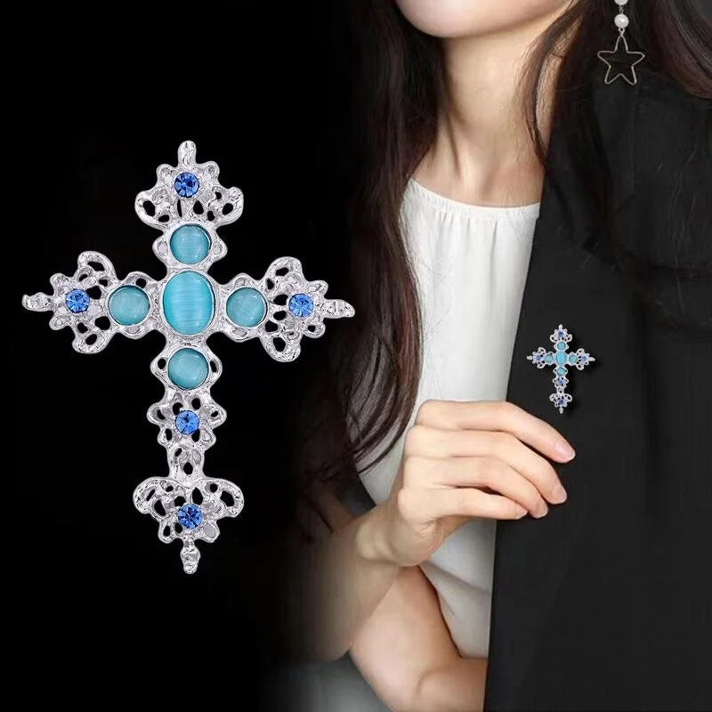 Elegant Silver Alloy Cross Brooch With Blue Rhinestones And Turquoise Cabochons, Women's Lapel Pin Gift