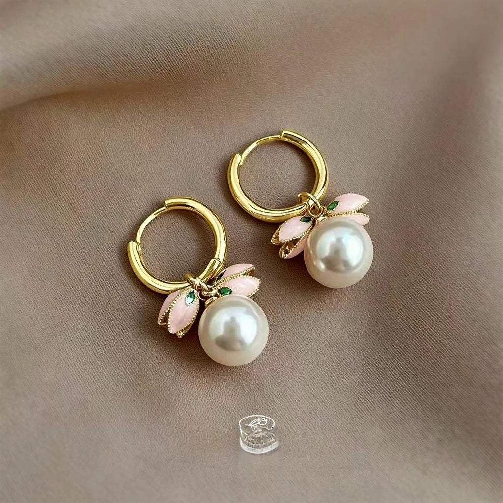 French Elegant Tulip Enamel Copper Glass Pearl Drop Earrings Sweet Pink Flower Jewelry