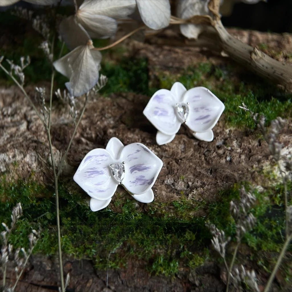 Light Purple Enamel Butterfly Orchid Flower Copper Zircon Drop Earrings Fresh Fairy Style