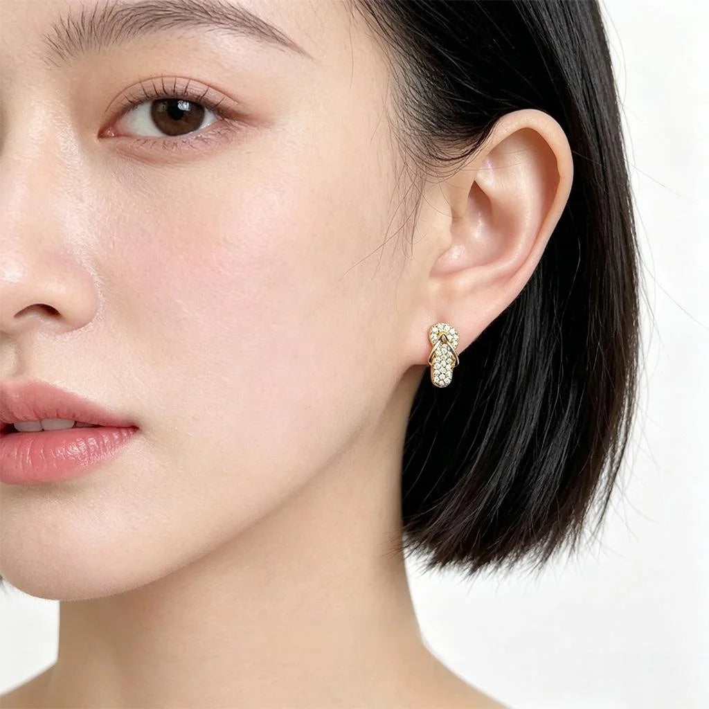 14K Plated Eco Copper Geometric Slipper Stud Earrings With Micro Pave Zircon For Women