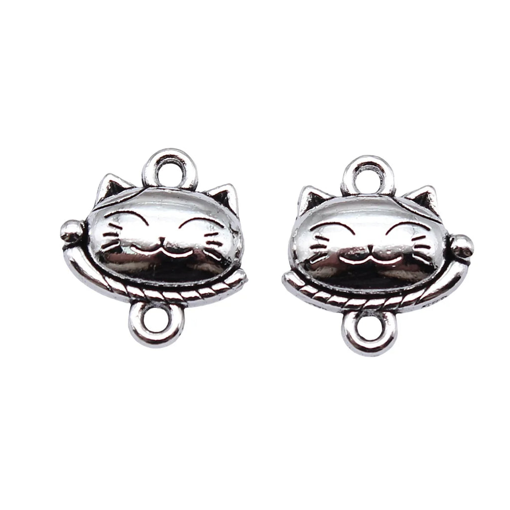15x15.4x5.4mm 2.7g Antique Silver Zinc Alloy Lucky Cat Head Connector Charm for DIY Bracelet Jewelry