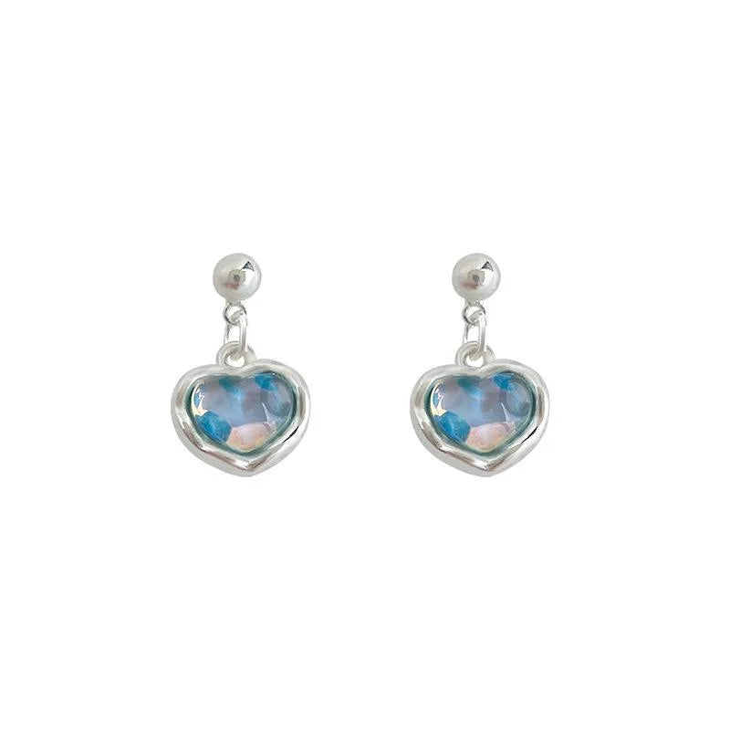 Sea Blue Glass Heart Drop Earrings For Women, Irregular Fresh Vacation Style Jewelry