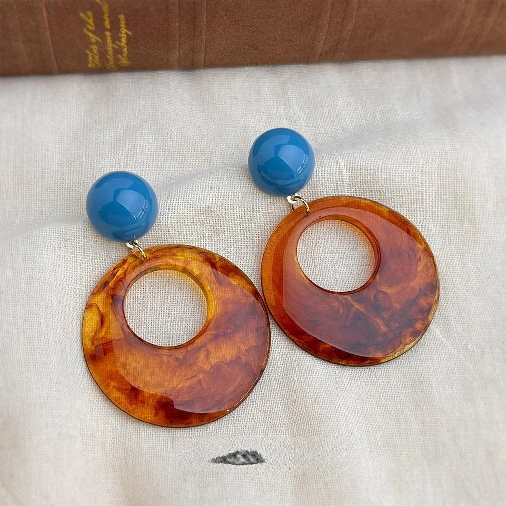 Vintage Maillard Style Amber Brown Resin Round Geometric Drop Earrings With Copper