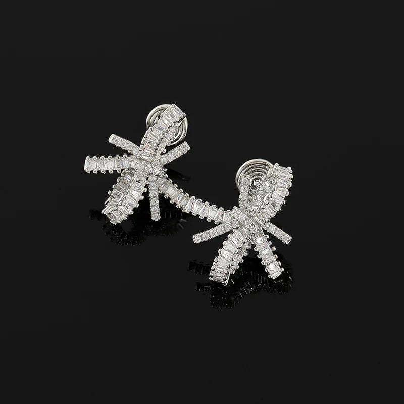 Luxury Firework Bow Zircon Stud & Clip On No Piercing Bridal Evening Statement Earrings