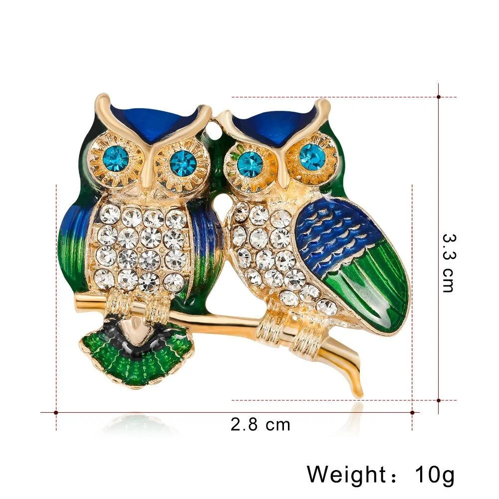 Elegant Enamel Rhinestone Alloy Double Owl Brooch, Luxury Animal Lapel Pin Corsage Suit Accessory Gift
