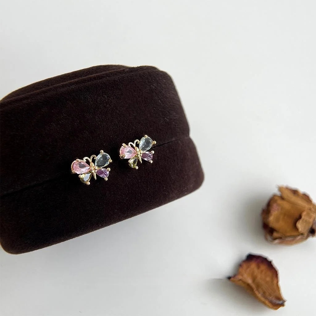 Mini Micro Pave Zircon Colorful Butterfly Stud Earrings Sweet Copper Jewelry For Women