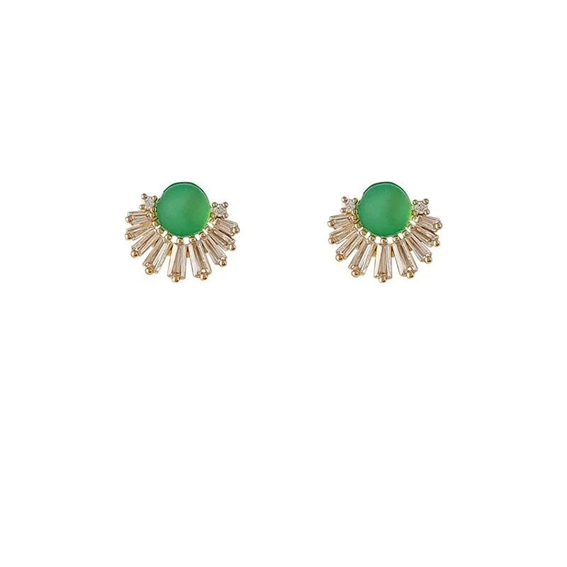 French Vintage 14K Gold Plated Eco Copper Fan Stud Earrings With Micro Pave Zircon Emerald Green Geometric Design