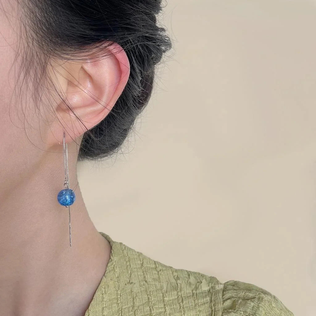Blue Planet Glass Crushed Ice Long Tassel Ear Thread Drop Earrings Geometric Fresh Style