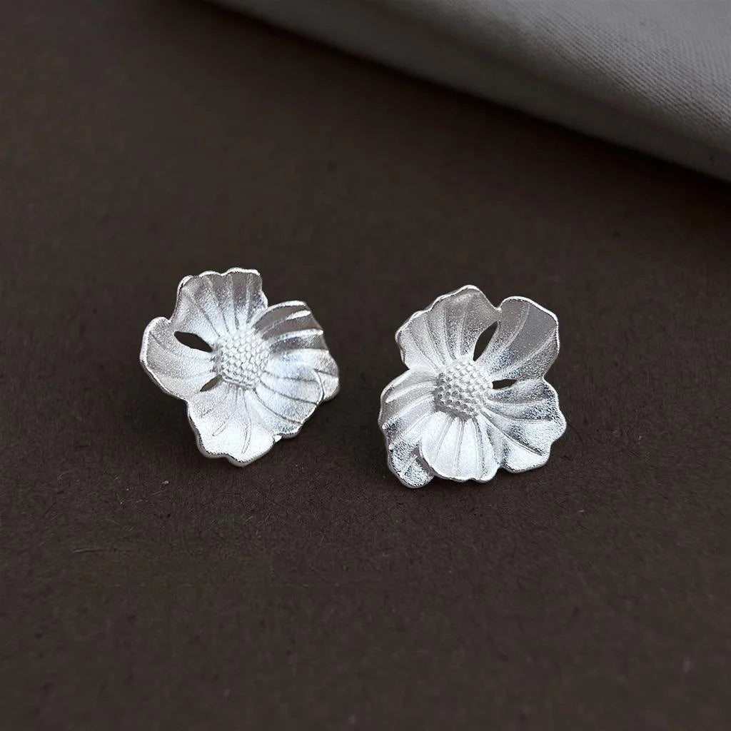 Sandblasted Hibiscus Flower Stud Earrings Eco-Friendly Copper Silver Tone Textured Minimalist Jewelry