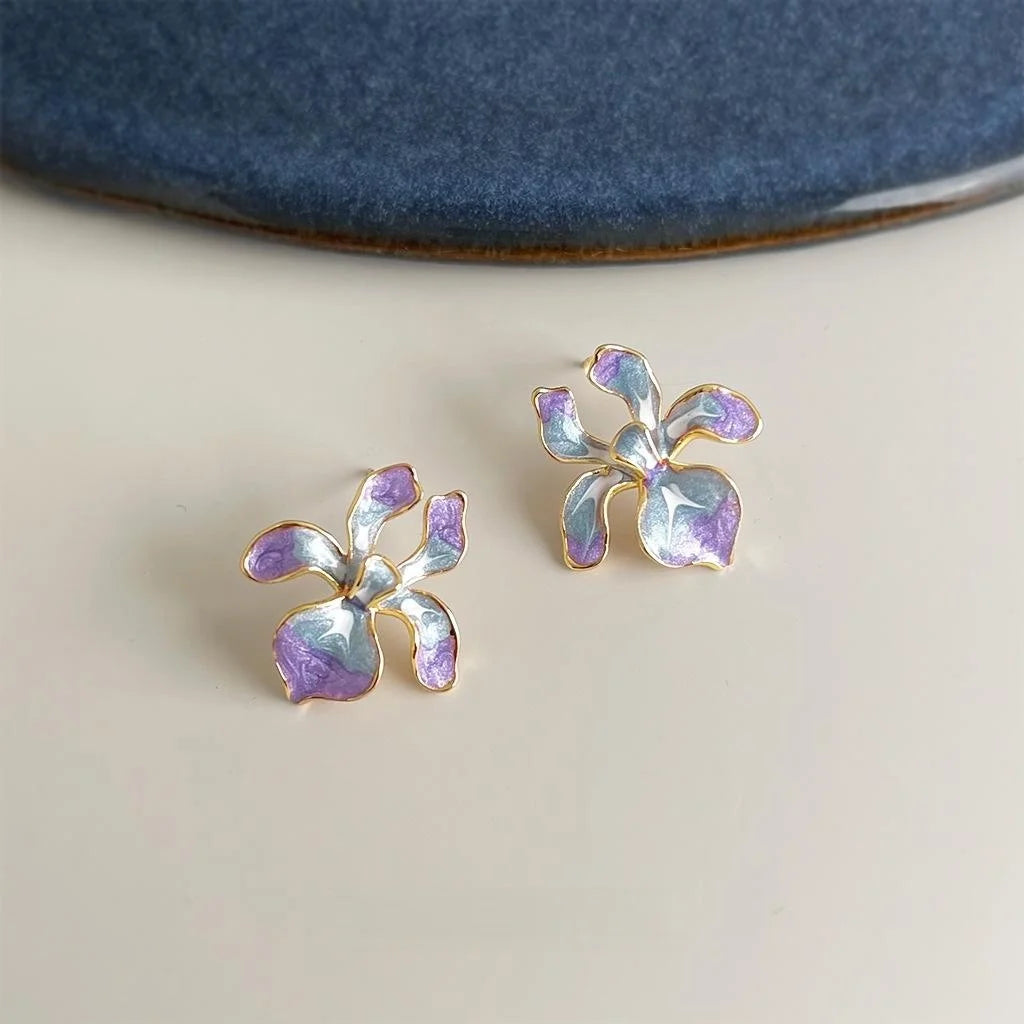 Gold Plated Copper Iris Flower Drop Earrings Hand Painted Enamel Gradient Floral Pastoral Jewelry
