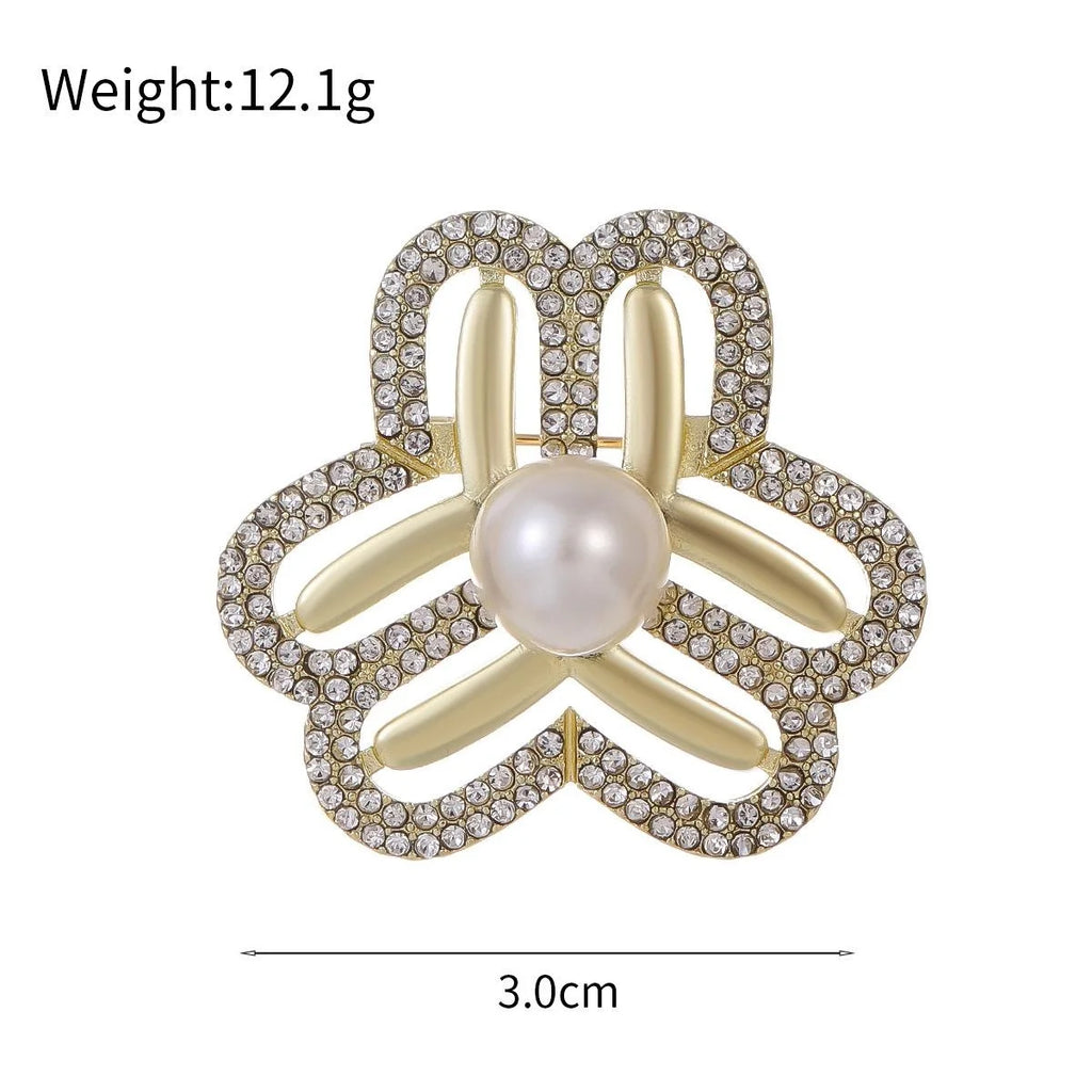 Elegant Rhinestone Pearl Flower Emblem Brooch, Gold Tone Alloy Lapel Pin Corsage Suit Accessory Gift