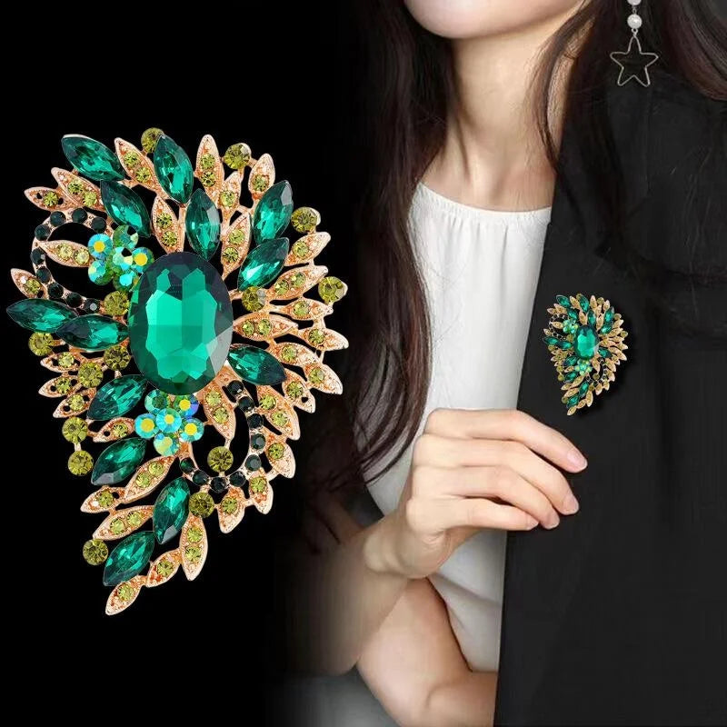 Elegant Blue Crystal Flower Leaf Alloy Rhinestone Brooch, Luxury Lapel Pin Corsage Suit Accessory Gift