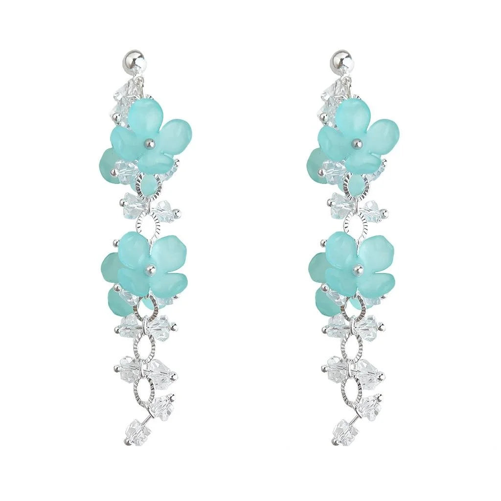 Blue Glass Crystal Flower Drop Earrings Vacation Style Statement Floral Jewelry