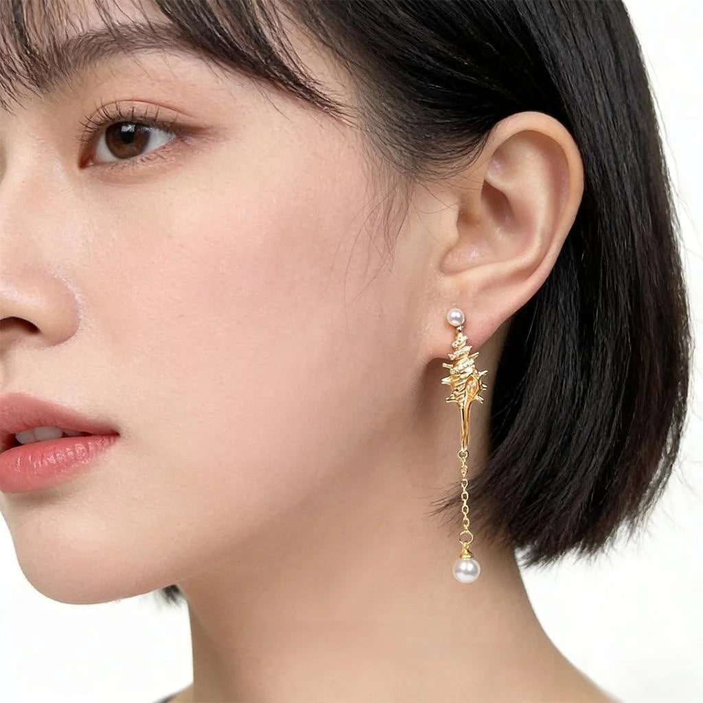 Sweet Conch Shell Copper Drop Earrings With Zircon Micro Pave, Pearl Accent