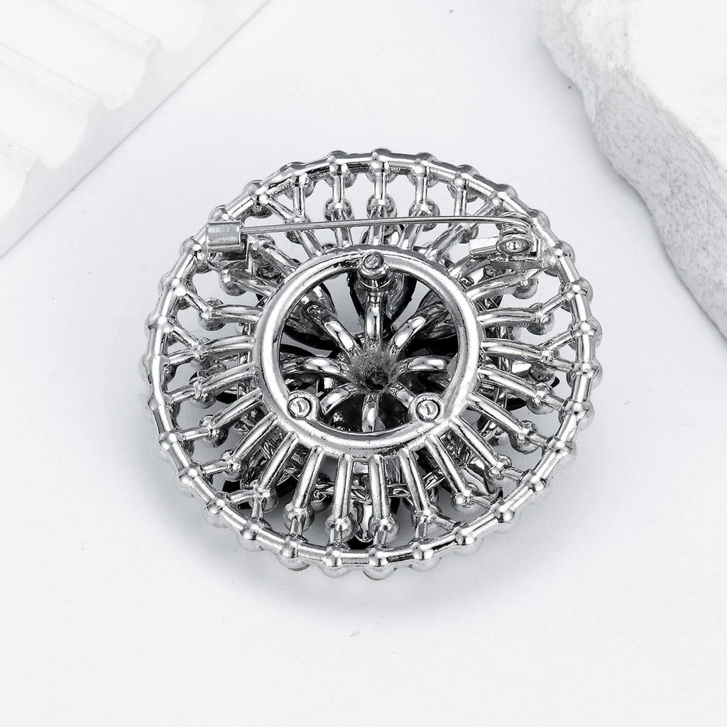 Elegant Black Flower Rhinestone Alloy Brooch, Sparkling Round Lapel Pin Corsage For Suit Accessory Gift