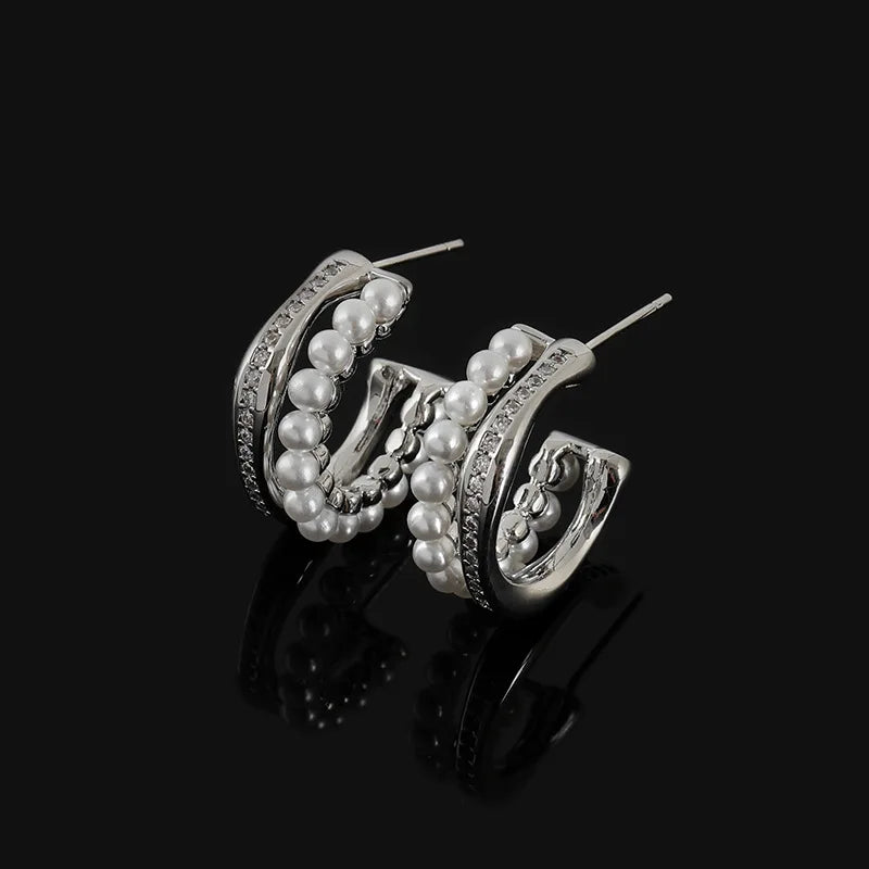 Elegant Pearl Beaded Zircon Hoop Stud & Clip On No Piercing Silver Alloy C-Shaped Huggie Earrings