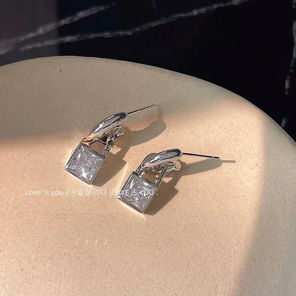Copper Geometric Sugar Cube Zircon Lock Stud Earrings Minimalist Luxury Style For Women
