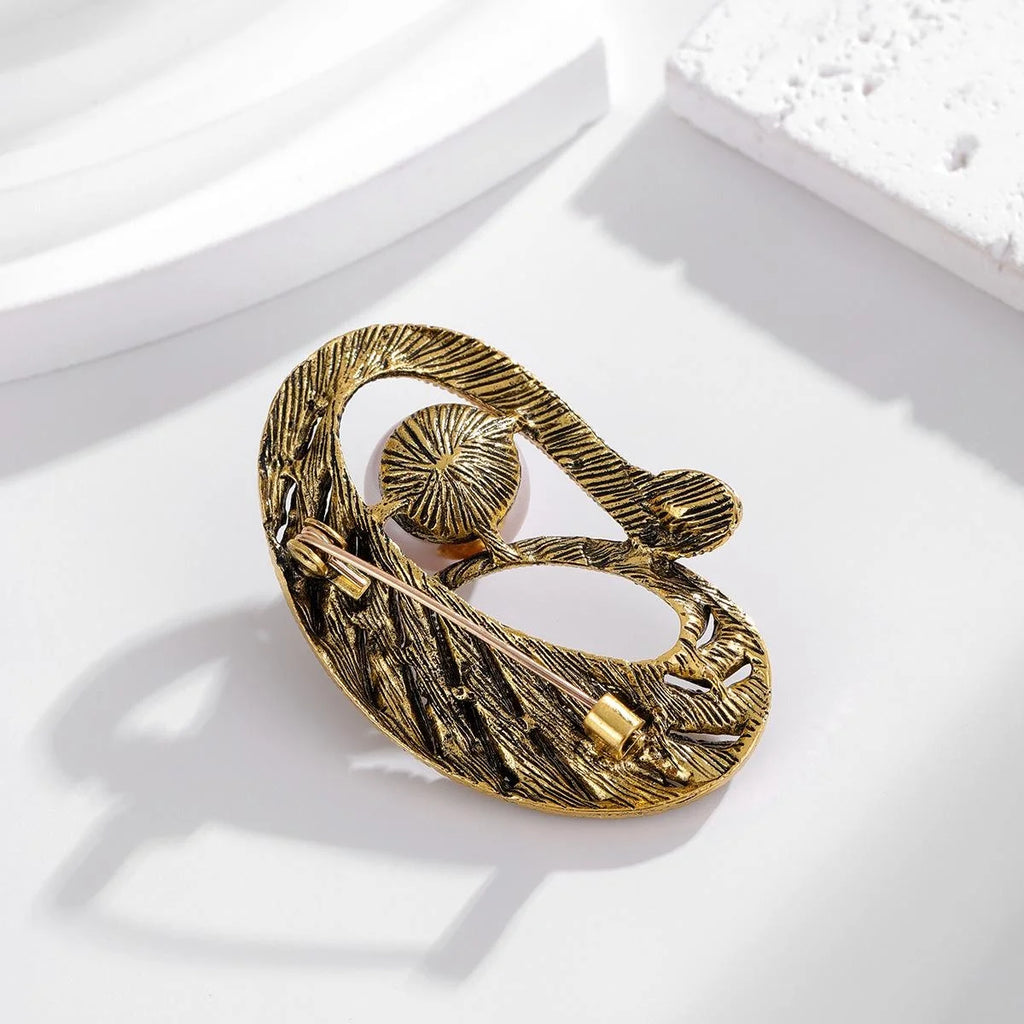 Vintage Gold Alloy Peacock Feather Brooch With Pearl And Champagne Rhinestones, Elegant Lapel Pin Gift