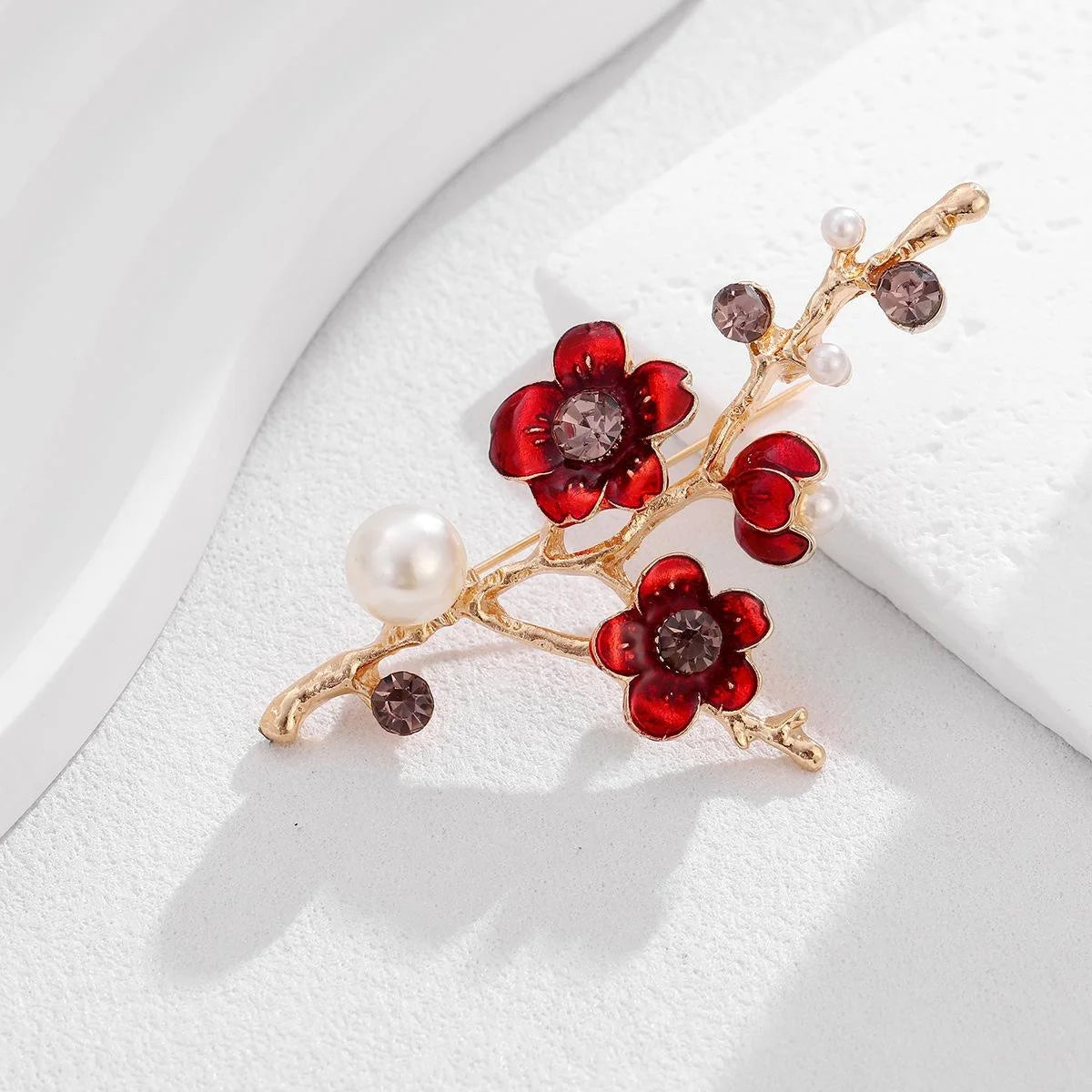 Elegant Red Enamel Flower Branch Brooch With Rhinestone And Pearl Accents, Women's Lapel Pin Gift