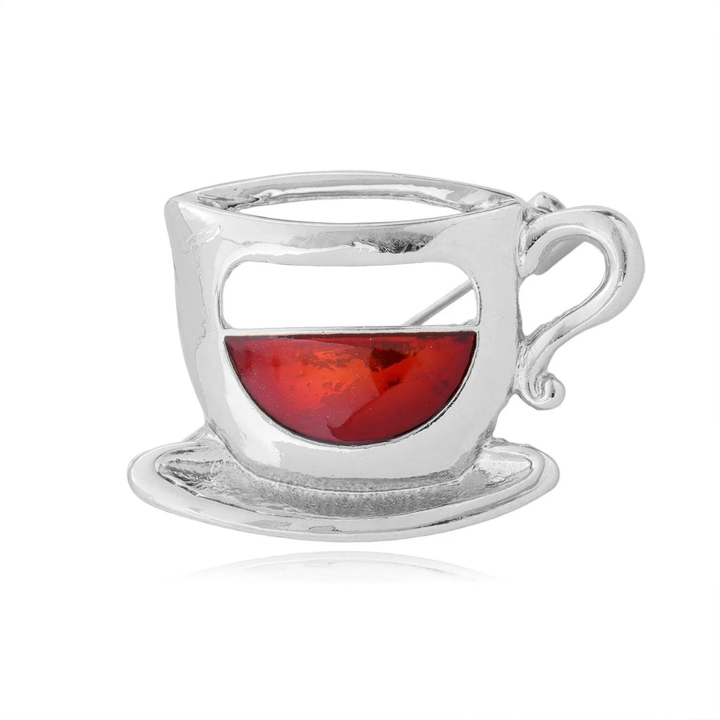 Elegant Alloy Enamel Coffee Cup Brooch With Red Tea Detail, Creative Women's Lapel Pin Gift