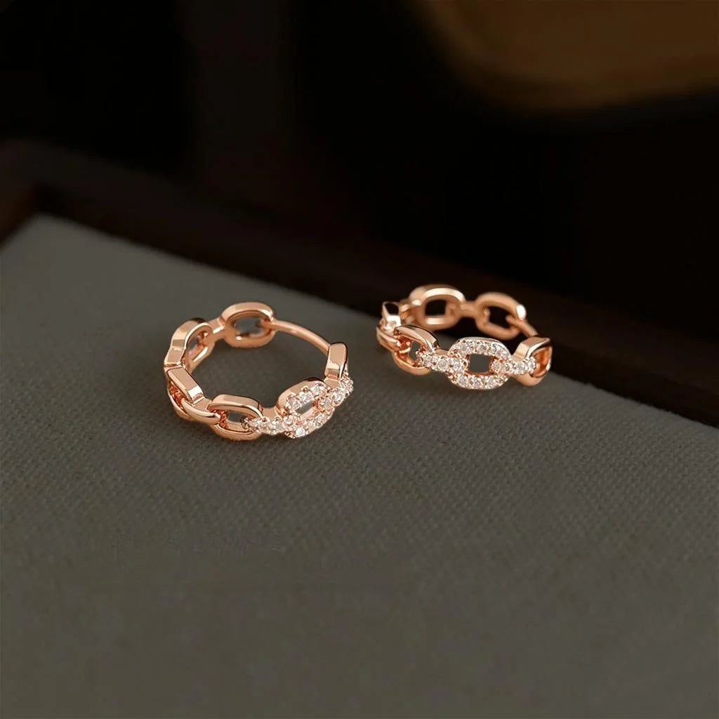 Rose Gold Plated Copper Geometric Circle Chain Drop Earrings With Micro Pave Zircon Luxury Style