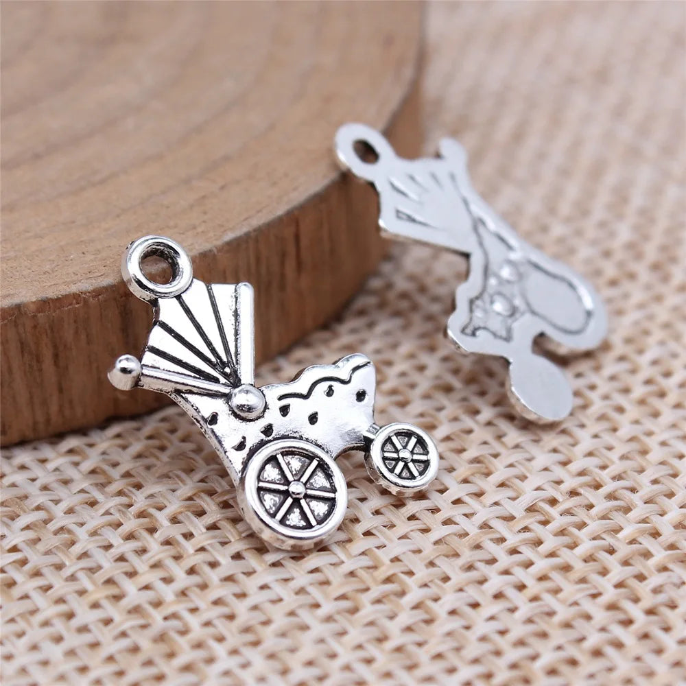 19x12mm 0.6g Antique Silver Zinc Alloy Baby Stroller Charm Pendant for DIY Baby Shower Jewelry Making