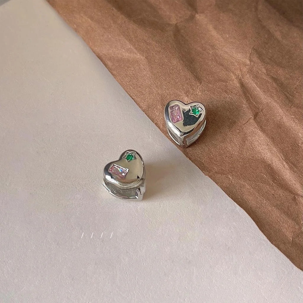 Sweet Cool Heart Zircon Stud Earrings Micro Pave Smooth Silver Plated Style Jewelry