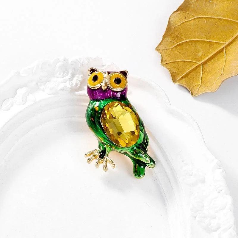 Cute Enamel Owl Brooch With Crystal Belly, Colorful Alloy Animal Lapel Pin For Cardigan Shawl Gift