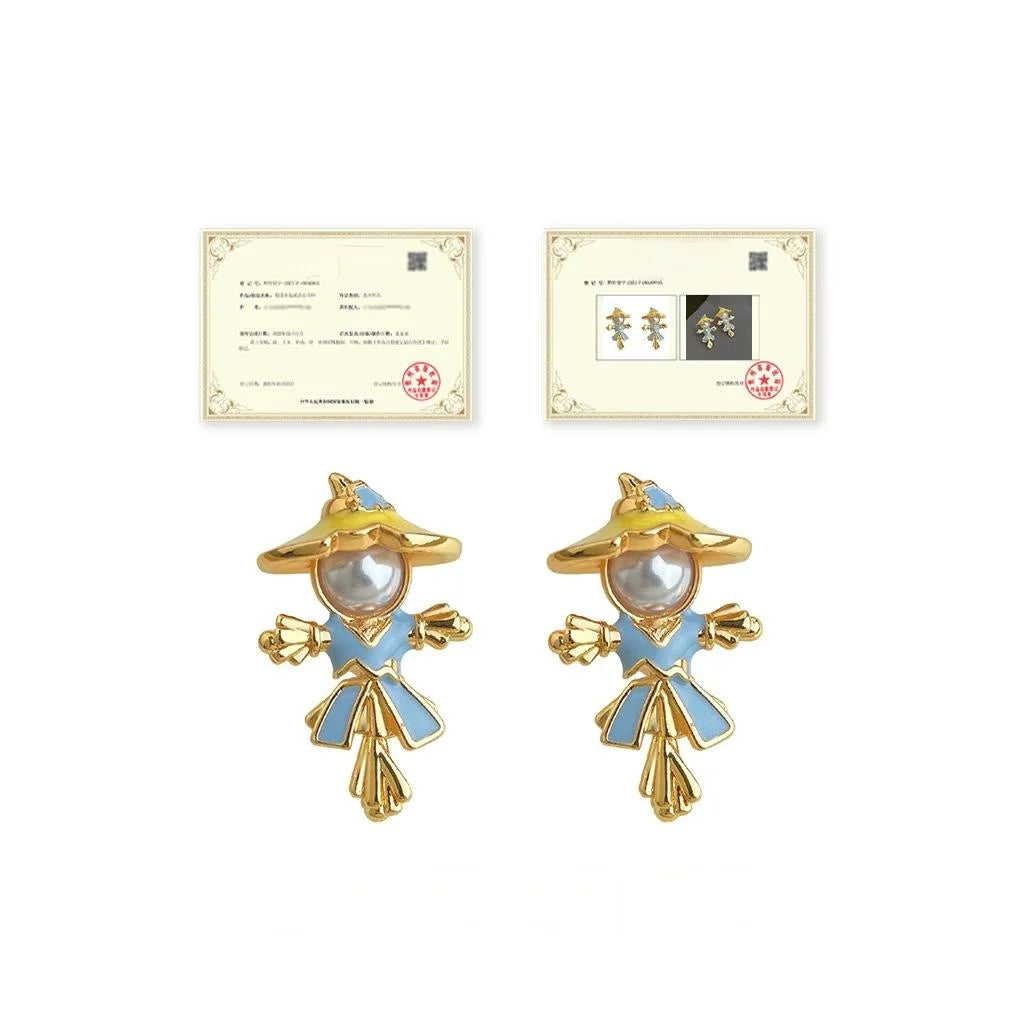 Niche Style Copper High Gloss Pearl Scarecrow Doll Enamel Hand Painted Stud Earrings