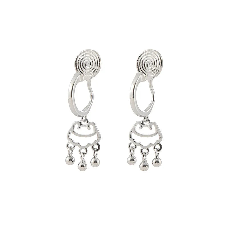 Vintage Silver Tone Alloy Peace Lock Spiral Hoop Tassel Elegant Stud & Clip On No Piercing Earrings