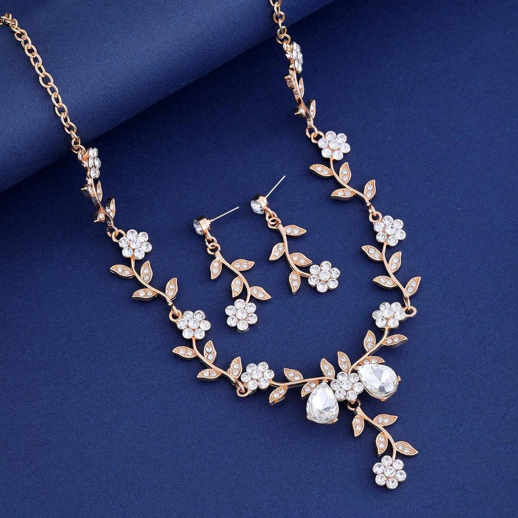 Elegant Green Rhinestone Flower Vine Necklace And Earrings Jewelry Set, Alloy Bridal Jewelry For Wedding Party Gift