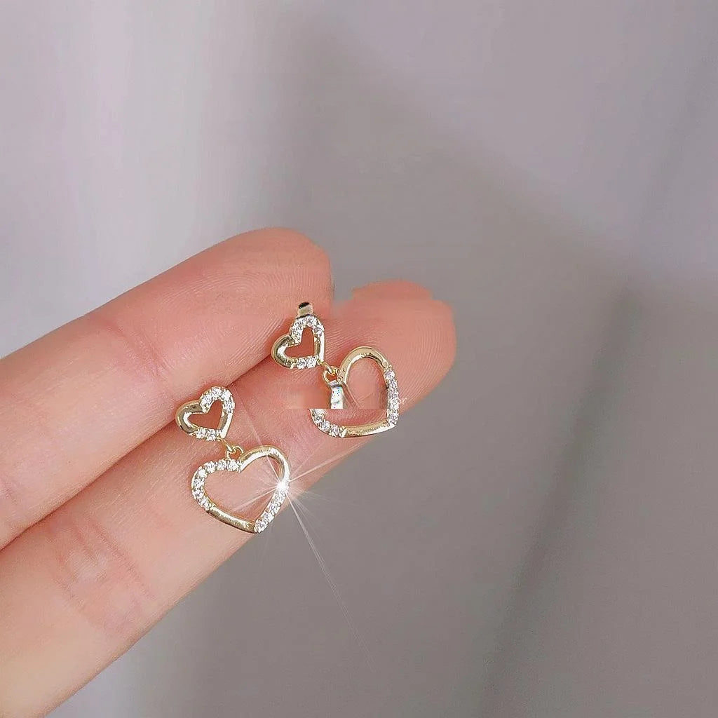 Versatile Copper Micro Pave Zircon Hollow Double Heart Stud Earrings With Silver Plated Pins