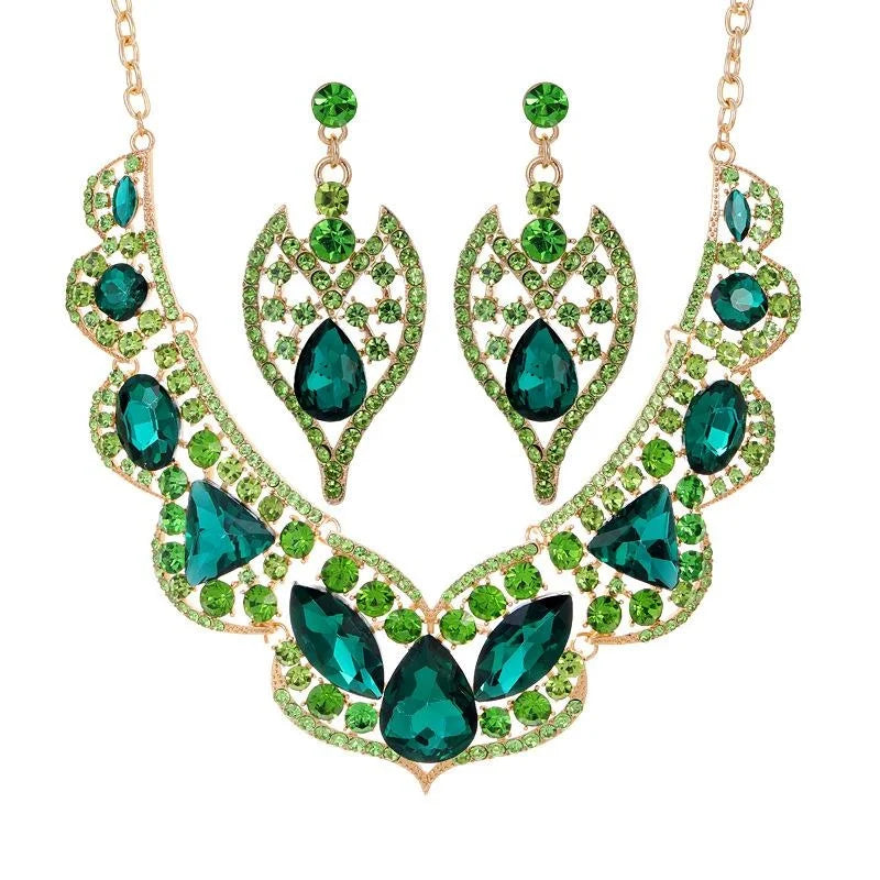 Vintage Green Crystal Rhinestone Statement Necklace And Earrings Jewelry Set For Bridal Wedding Party Banquet Gift