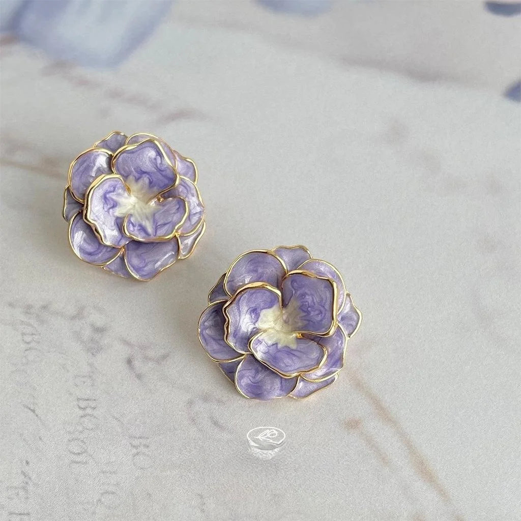 Vintage Style 14K Plated Copper Oversized Flower Enamel Purple Drop Earrings